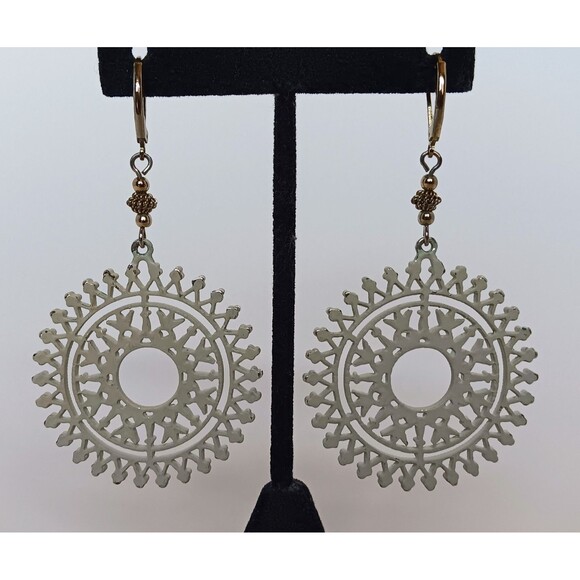 Handmade Enameled Goldtone Crystal Filagree Sunburst Statement Earrings 3 in - Picture 4 of 11